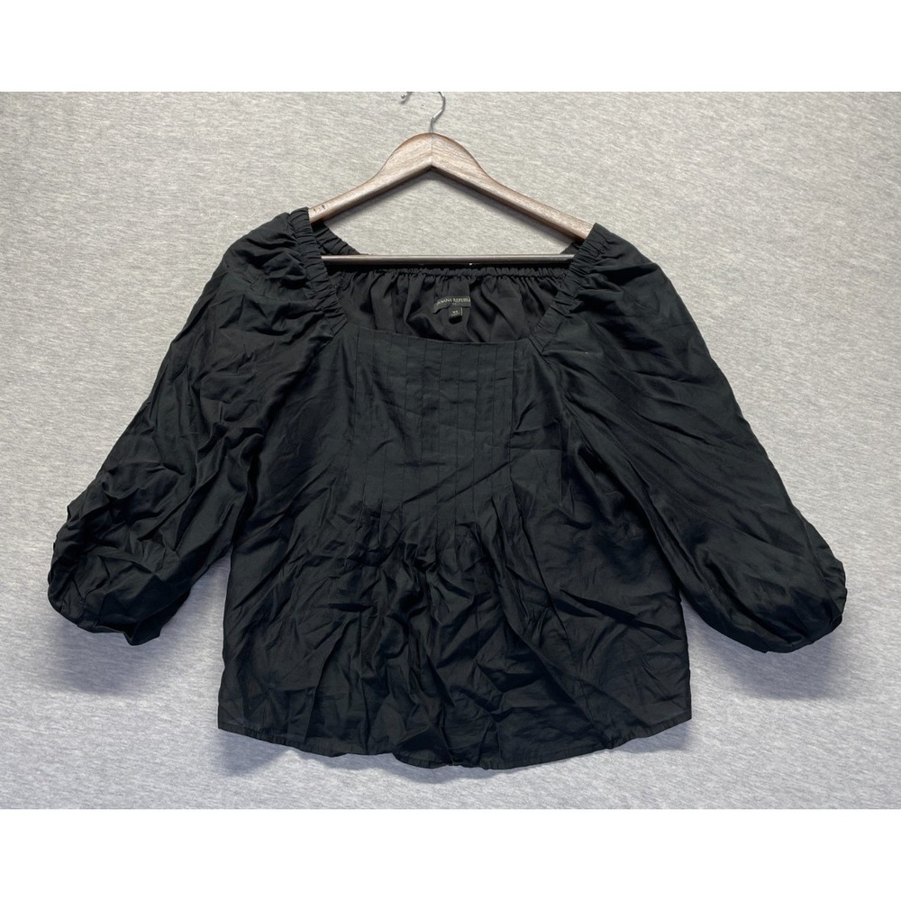 Banana Republic Blouse Top Womens XS Black Square Neck Puff Sleeve Pintuck Detai